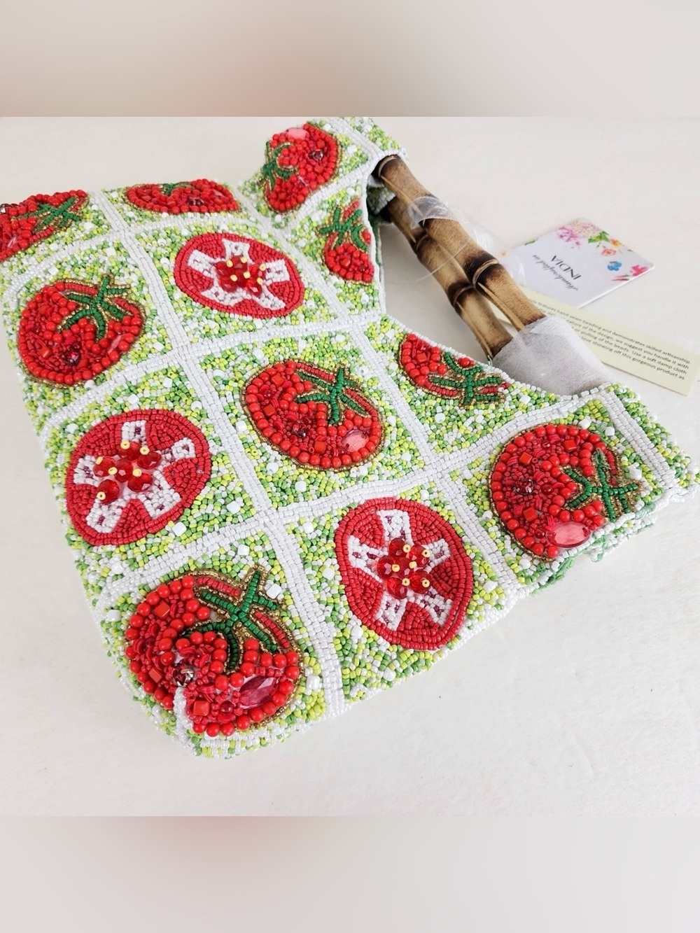 Handcrafted in India Beaded Bag Bamboo Handle Tomatoes Tik Tok Viral NWT